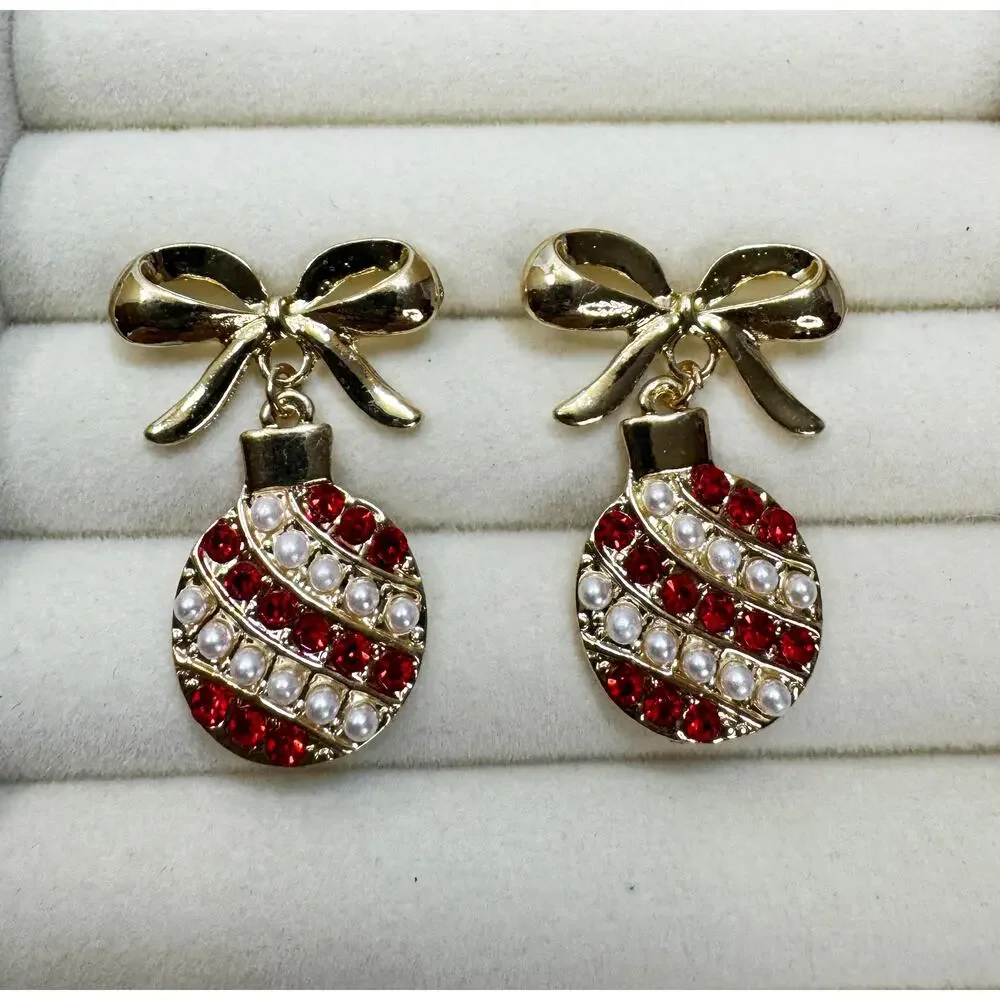Christmas Ornament Bow Earrings Gold Tone Red Rhinestone Faux Pearl Posts 1.5